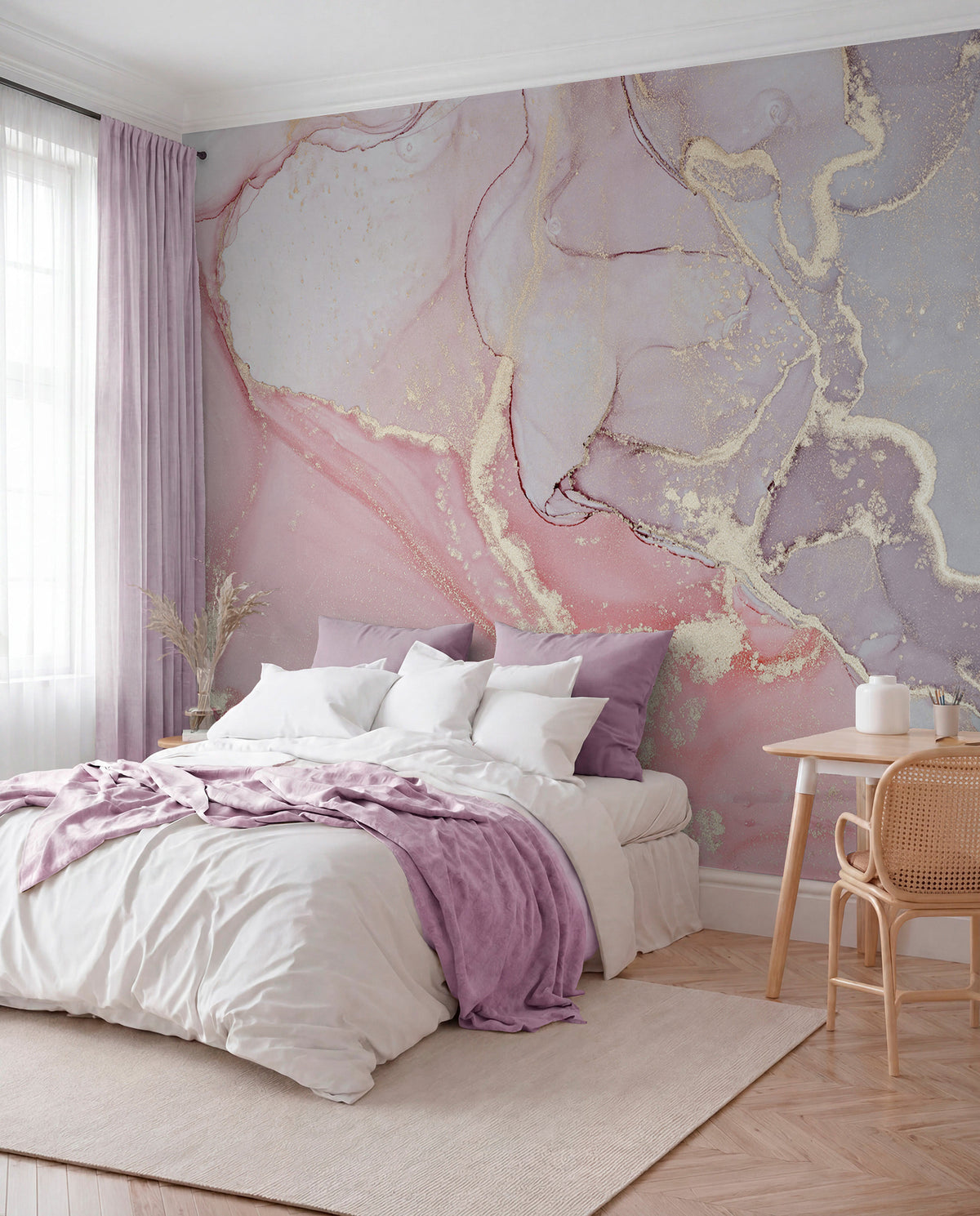 Papier peint Marbre rose veiné d’or — mise en situation