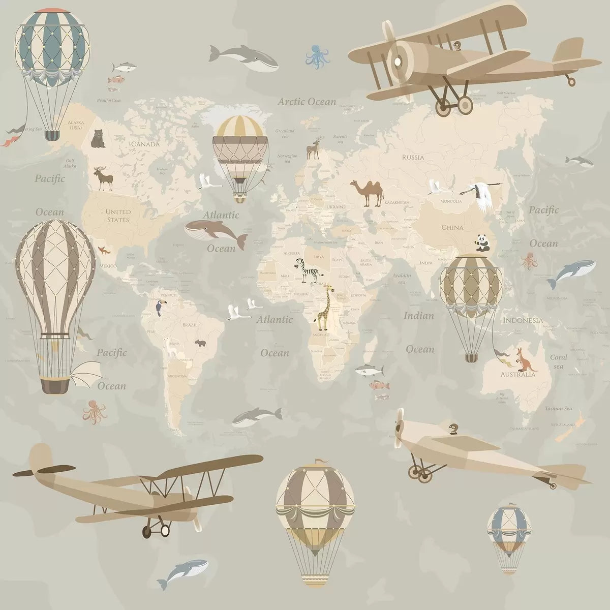 Papier peint Carte du monde et ballons — mise en situation