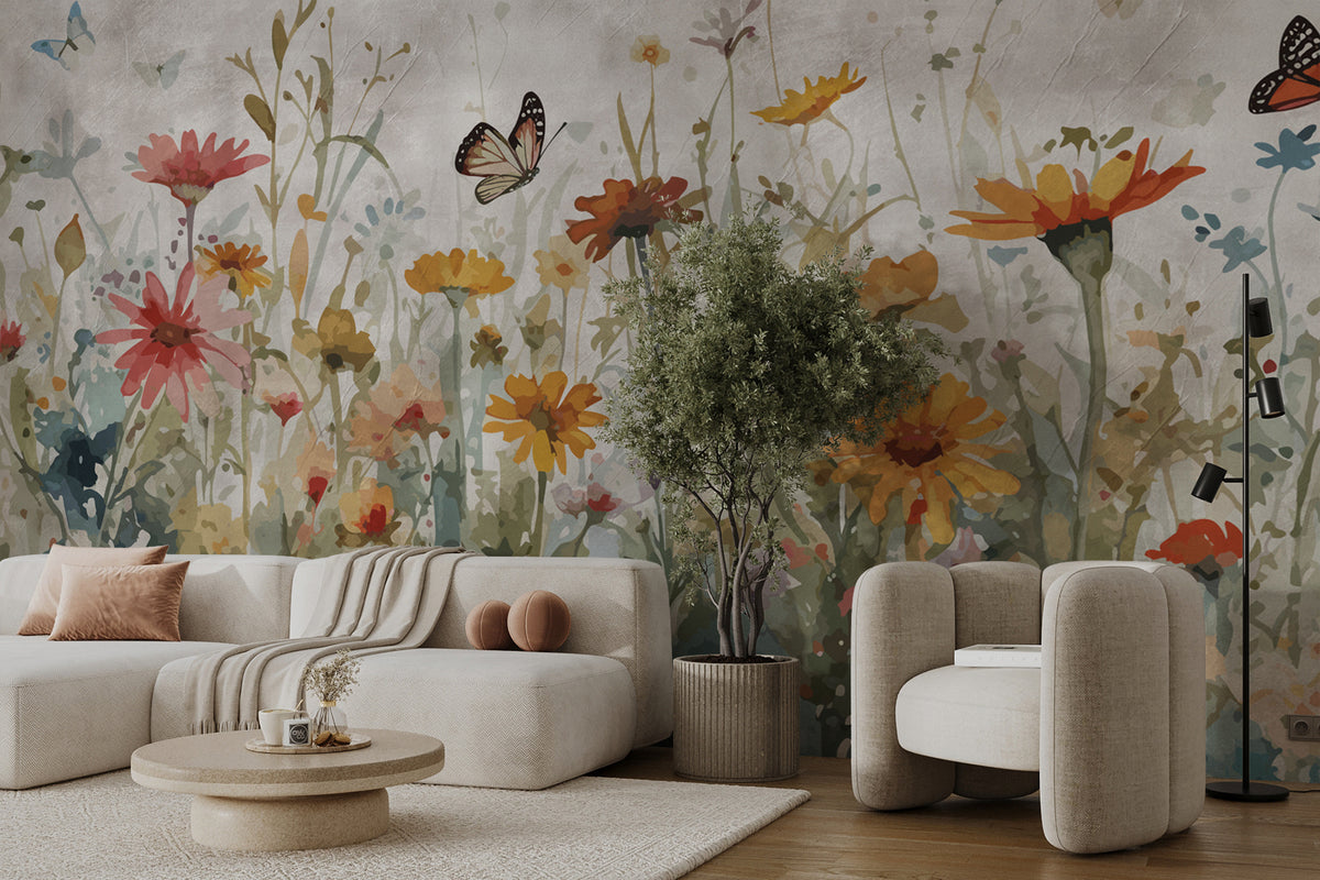 Papier peint Papillons parmi les fleurs — mise en situation