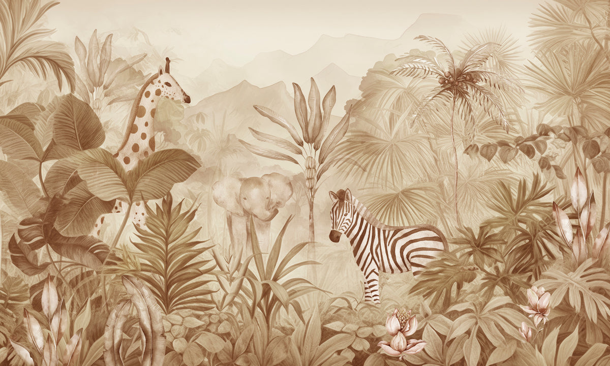 Papier peint Compagnons de safari sépia — mise en situation