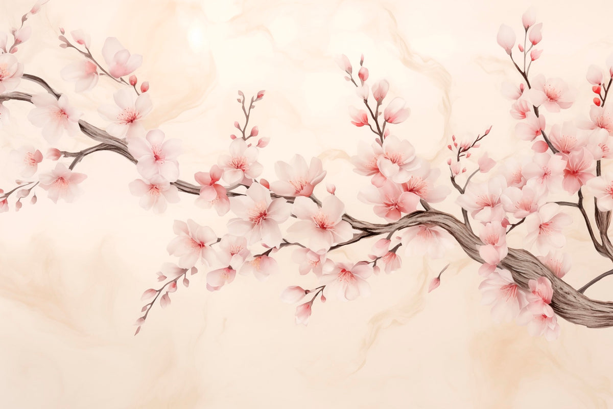 Papier peint Cerisier en fleurs sur gris — mise en situation