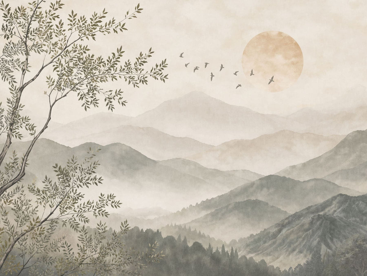 Papier peint Montagnes à l'aube — mise en situation