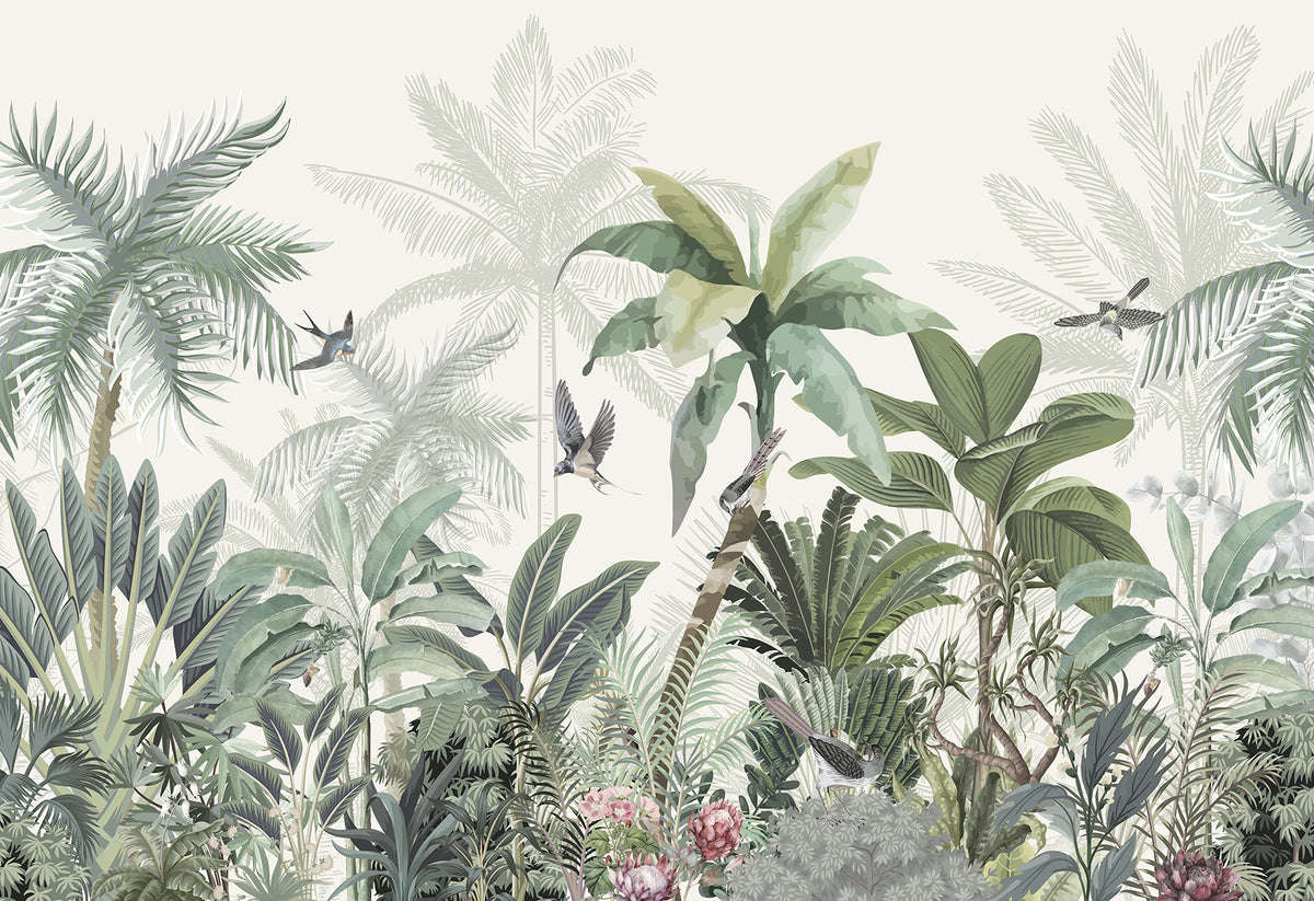 Papier peint Palmiers en gravure claire — mise en situation