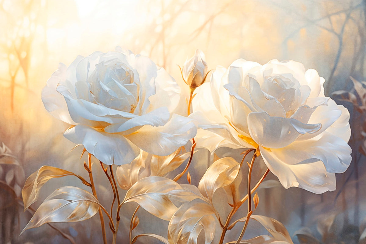 Papier peint Roses blanches, tiges dorées — mise en situation