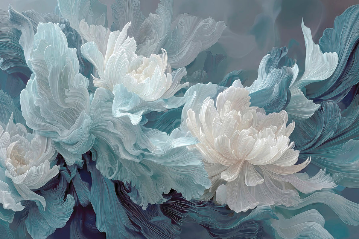 Papier peint Fleurs bleues sur fond pétrole — mise en situation