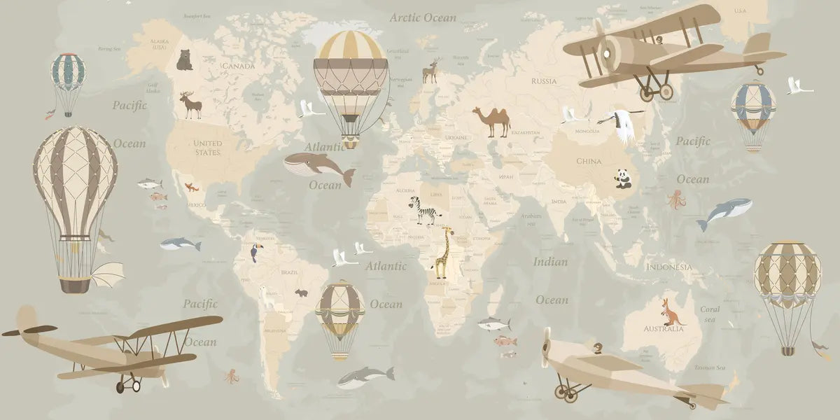 Papier peint Carte du monde et ballons