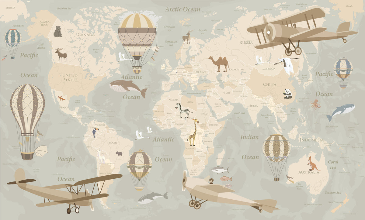Papier peint Carte du monde et ballons