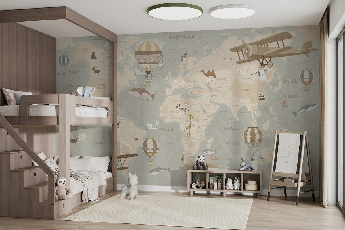 Papier peint Carte du monde et ballons
