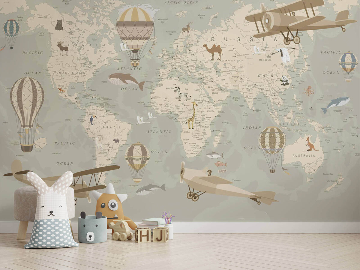 Papier peint Carte du monde et ballons
