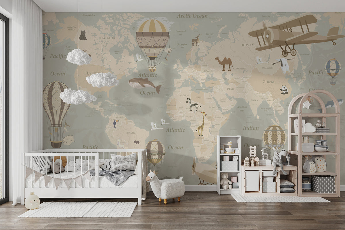 Papier peint Carte du monde et ballons