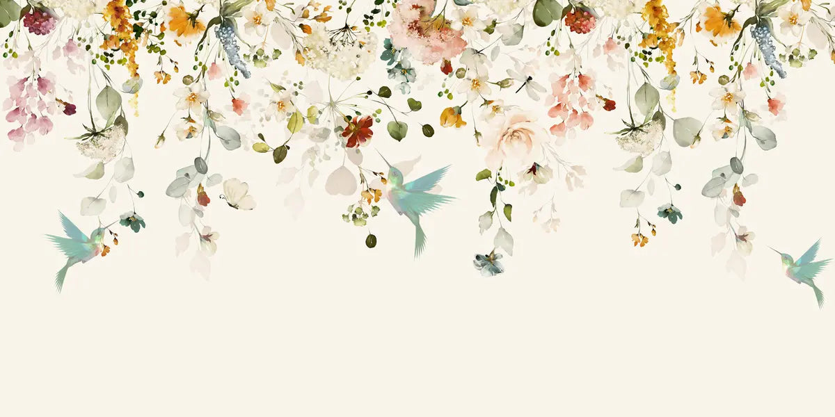 Papier peint Colibris et rameaux fleuris — mise en situation