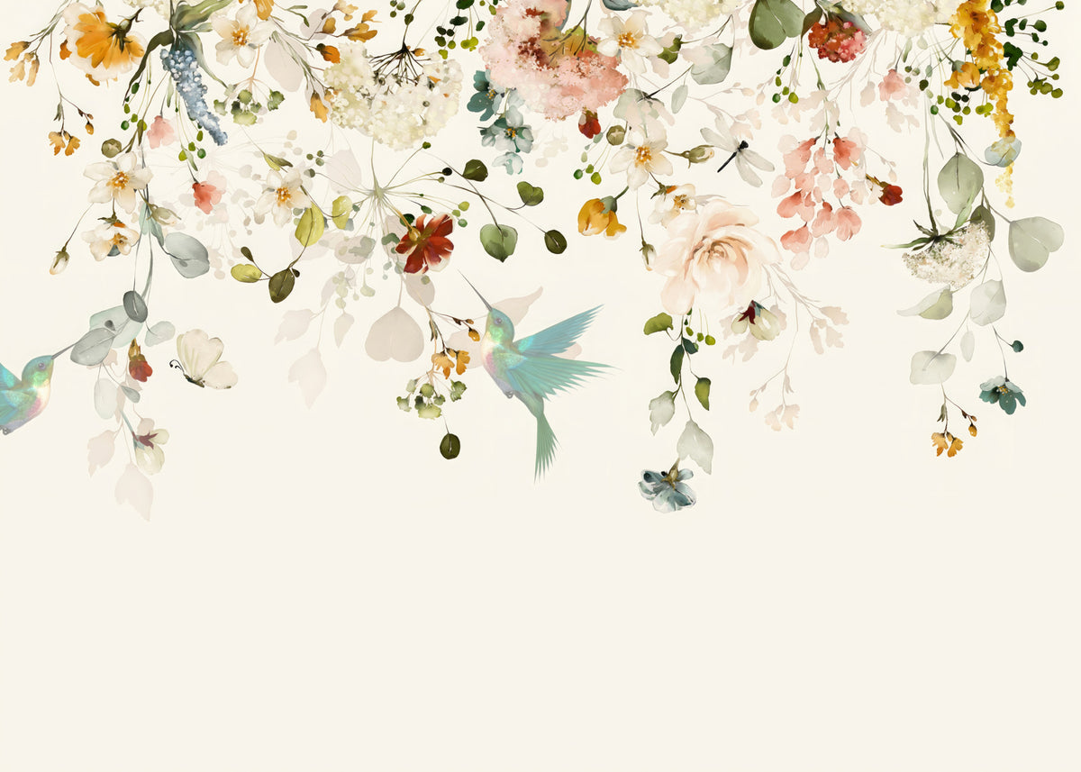 Papier peint Colibris et rameaux fleuris