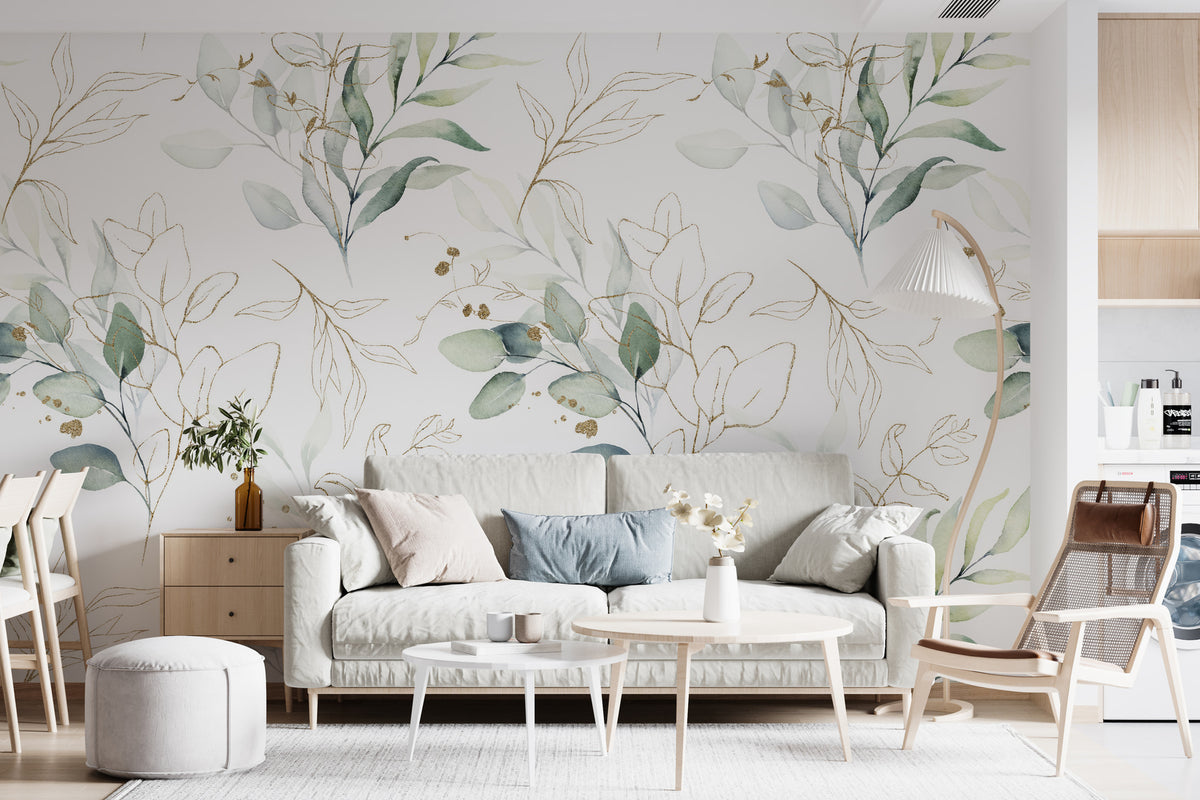 Papier peint Rameaux verts et traits fins — mise en situation