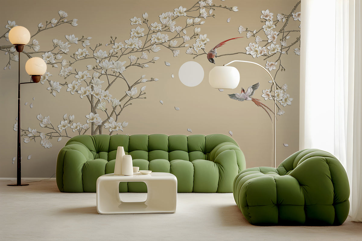 Papier peint Oiseaux parmi les fleurs pâles