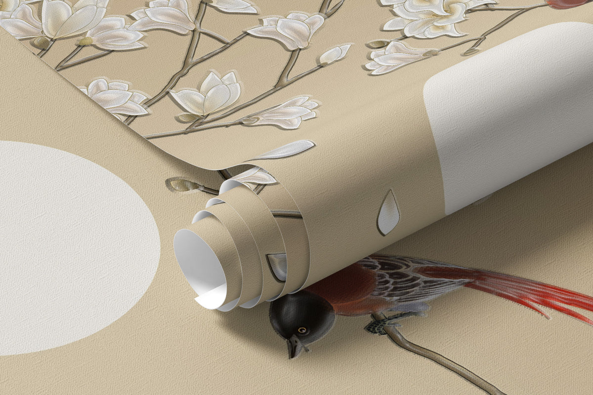 Papier peint Oiseaux parmi les fleurs pâles
