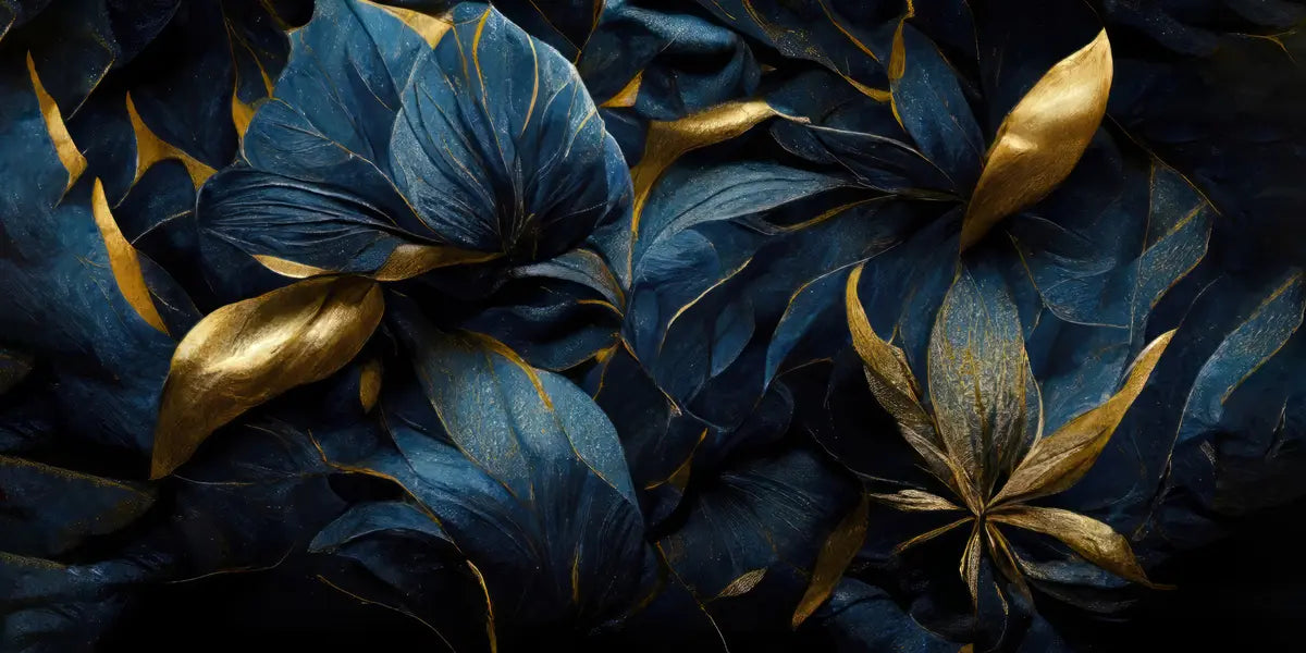 Papier peint Pétales bleus aux reflets or — mise en situation