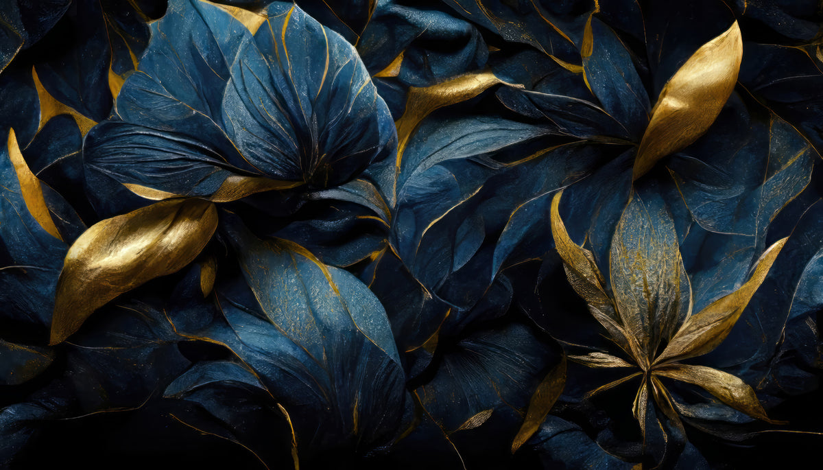 Papier peint Pétales bleus aux reflets or