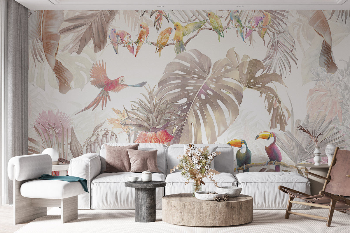 Papier peint Perroquets en jungle pastel