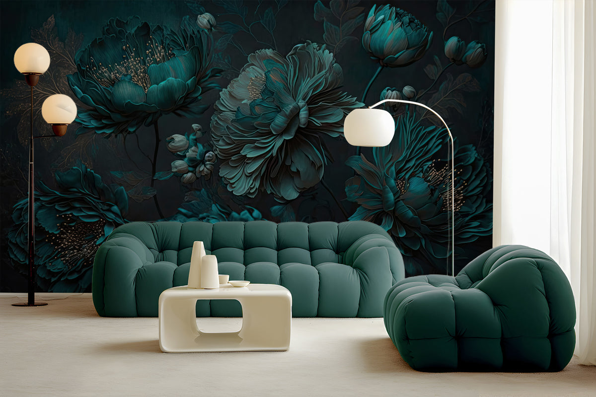 Papier peint Pivoines émeraude — mise en situation