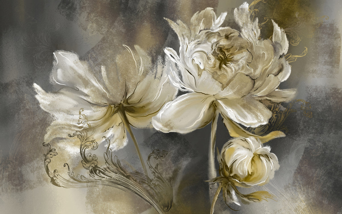 Papier peint Fleurs vintage en vert olive