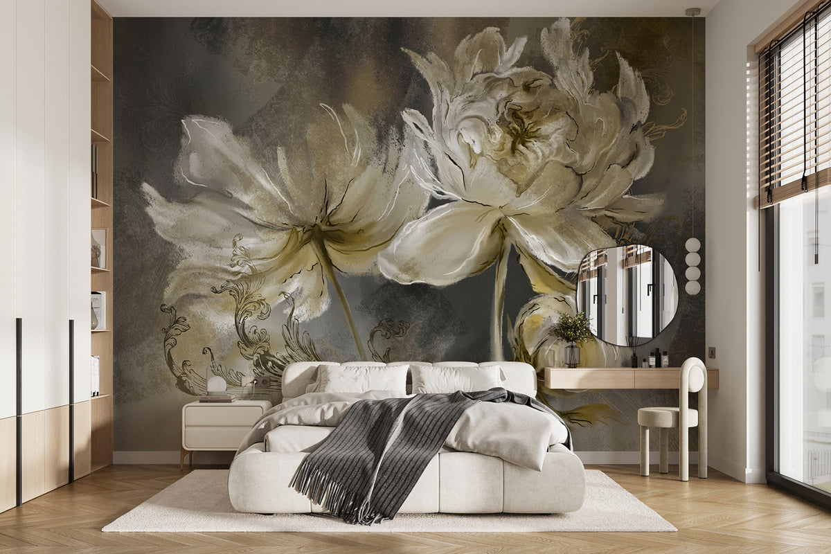 Papier peint Fleurs vintage en vert olive — mise en situation