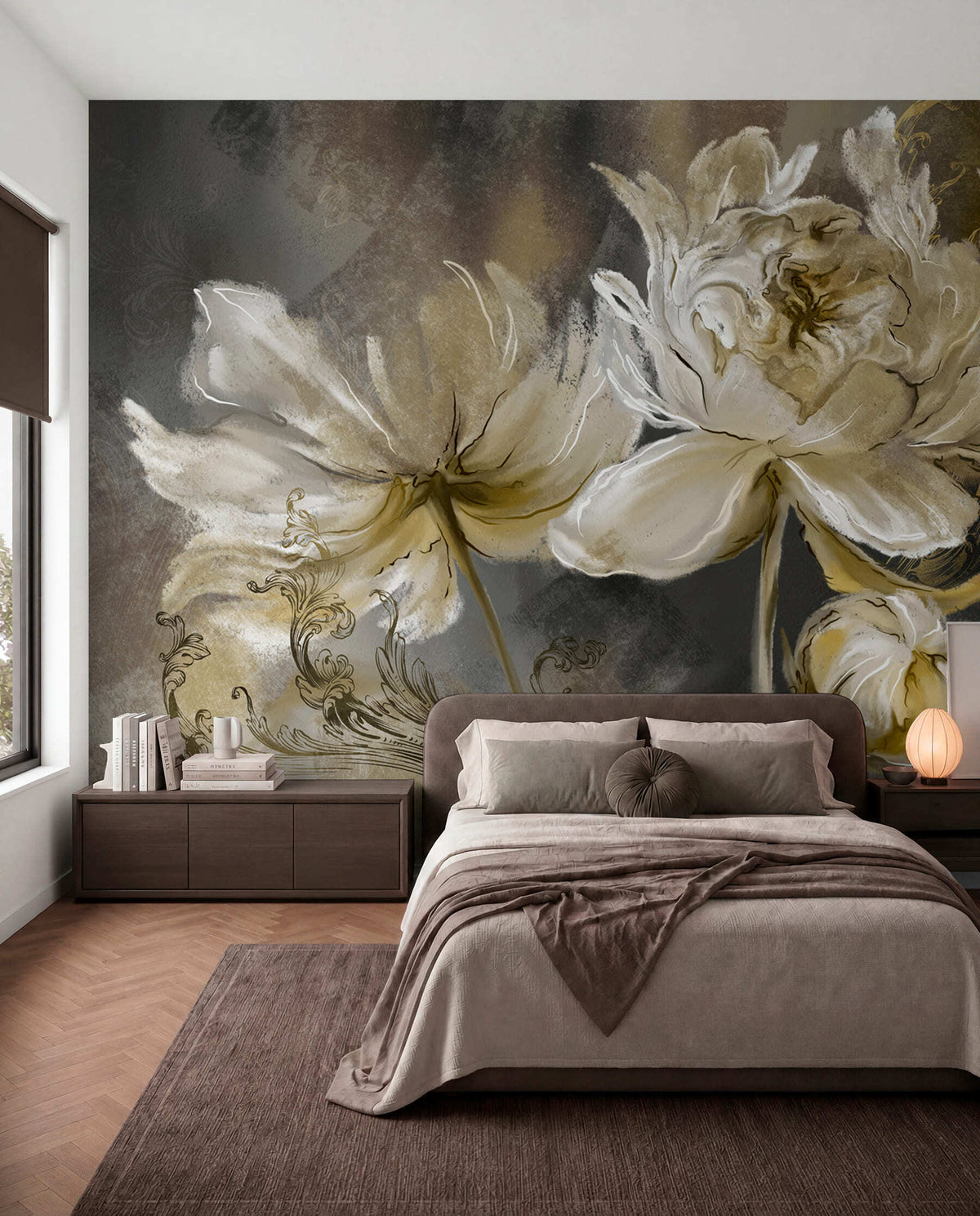 Papier peint Fleurs vintage en vert olive