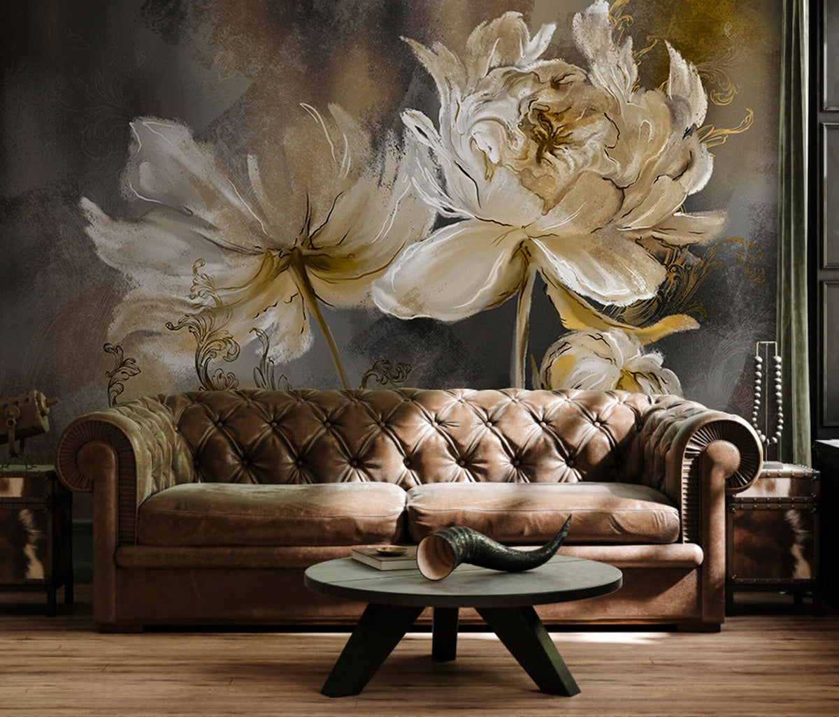 Papier peint Fleurs vintage en vert olive