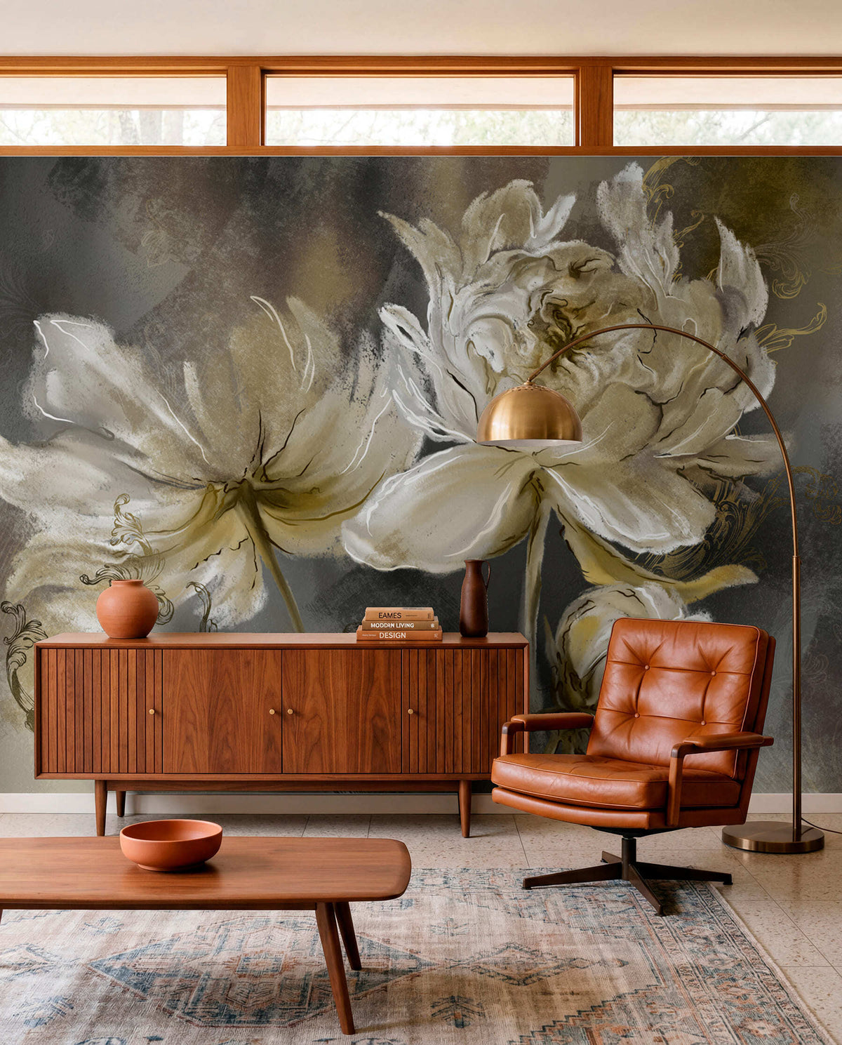 Papier peint Fleurs vintage en vert olive