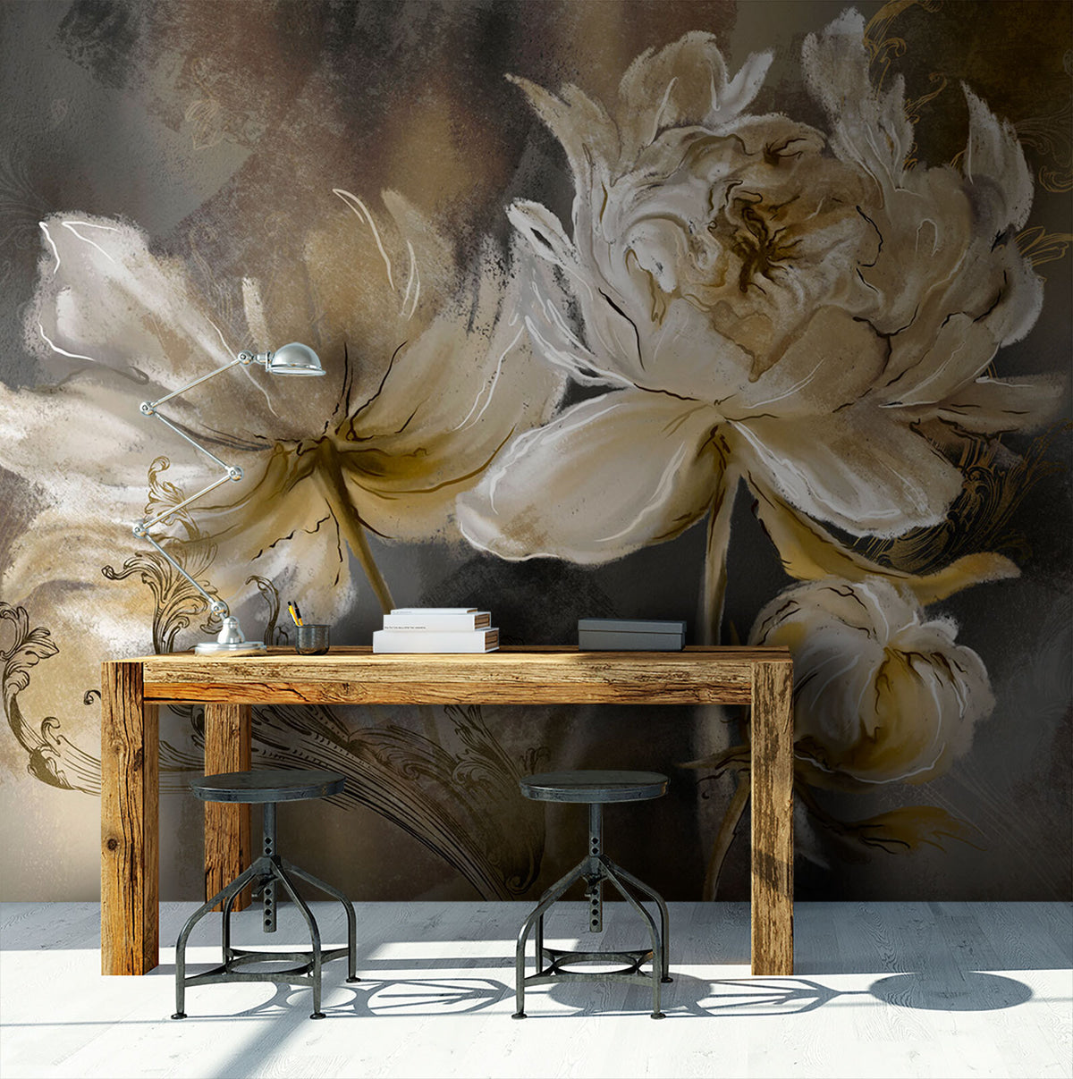 Papier peint Fleurs vintage en vert olive