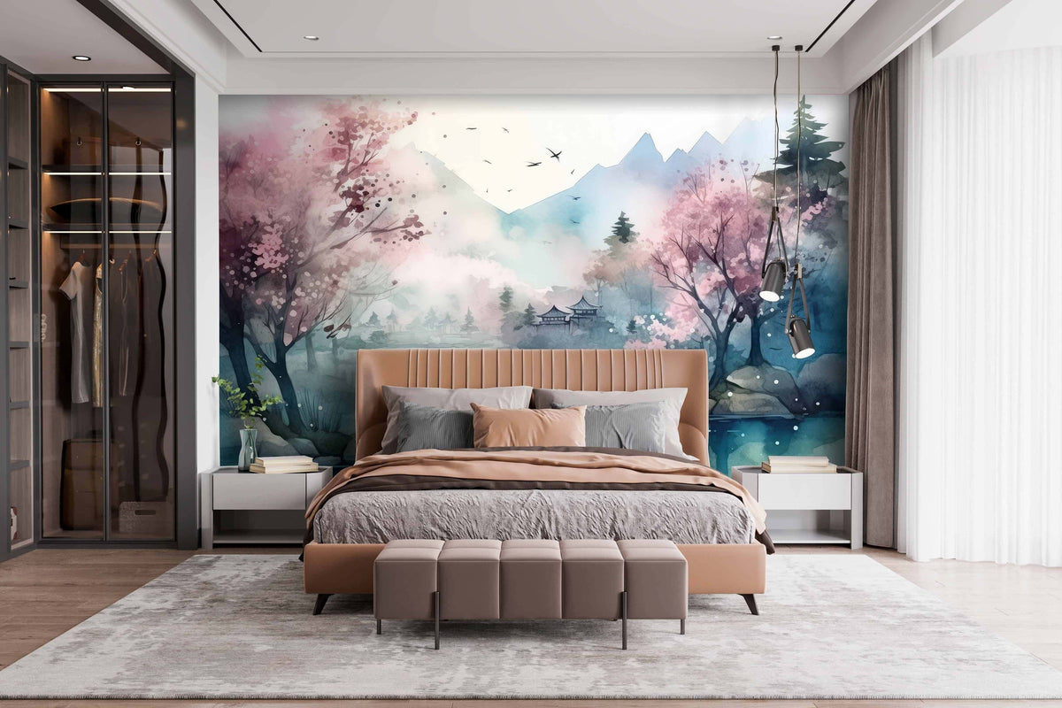 Papier peint Baie entre rose et bleu — mise en situation