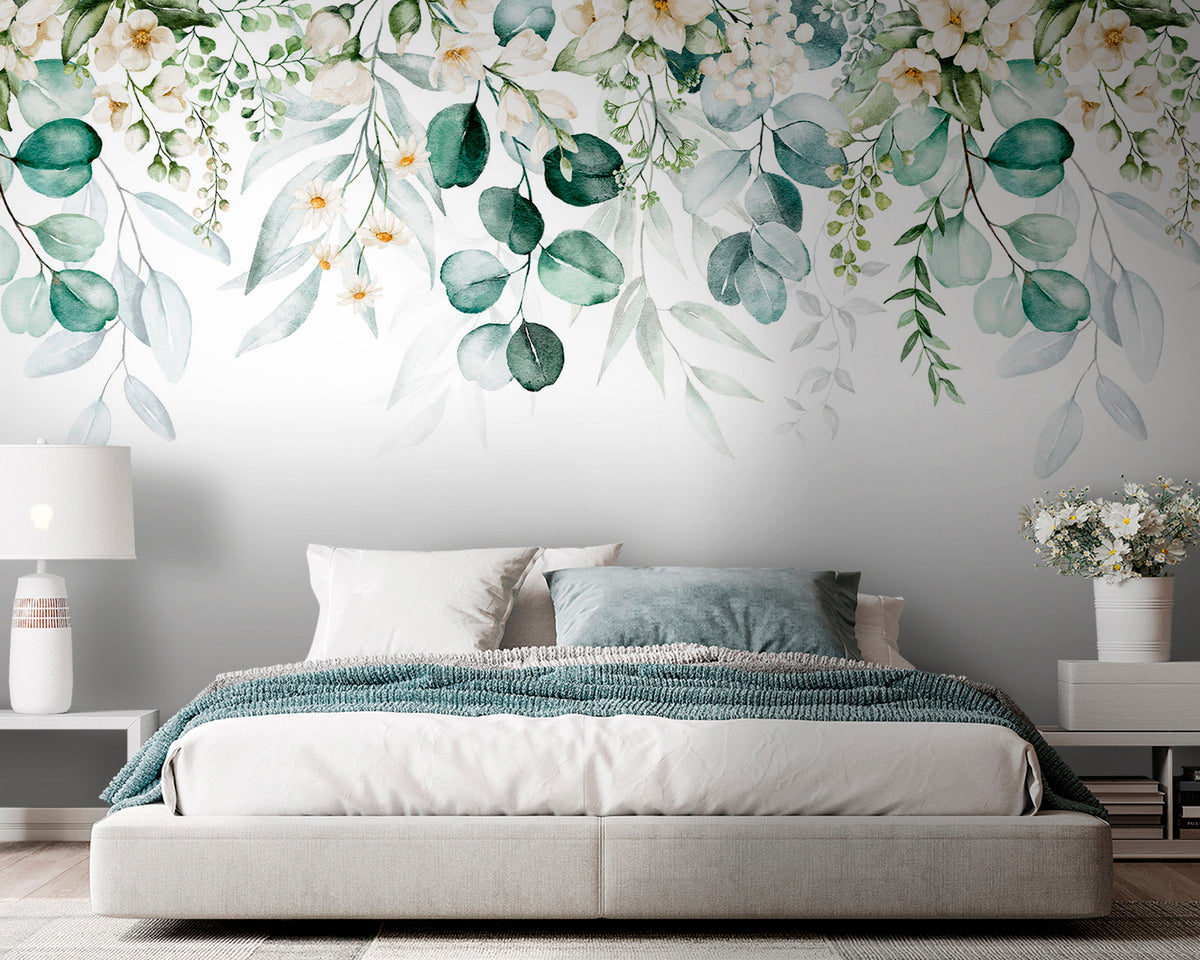 Papier peint Guirlande de fleurs blanches — mise en situation