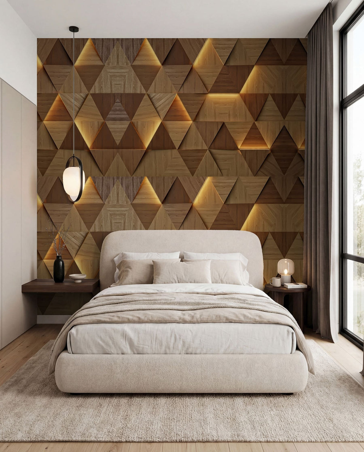 Papier peint Triangles de bois couleur miel — mise en situation