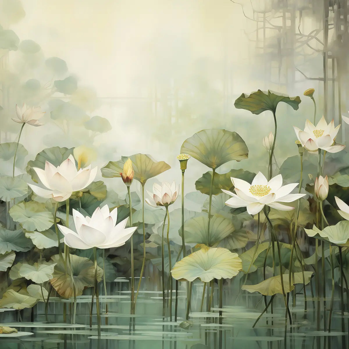 Papier peint Bassin de lotus en vert tendre — mise en situation