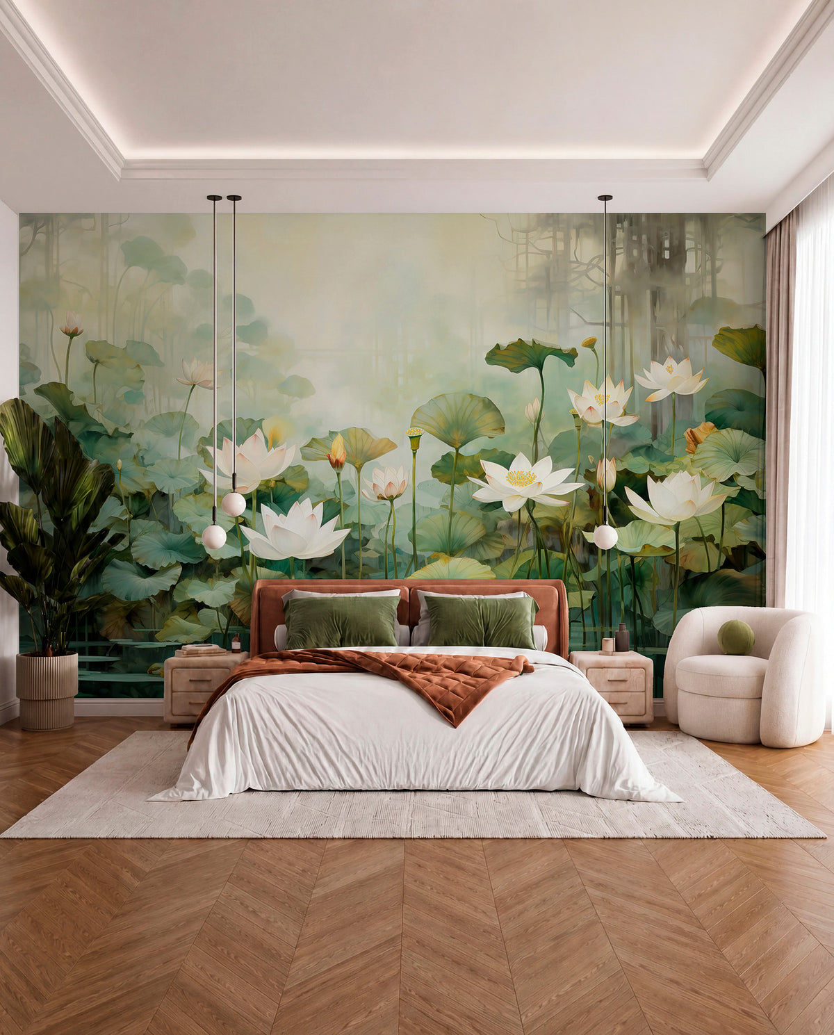 Papier peint Bassin de lotus en vert tendre