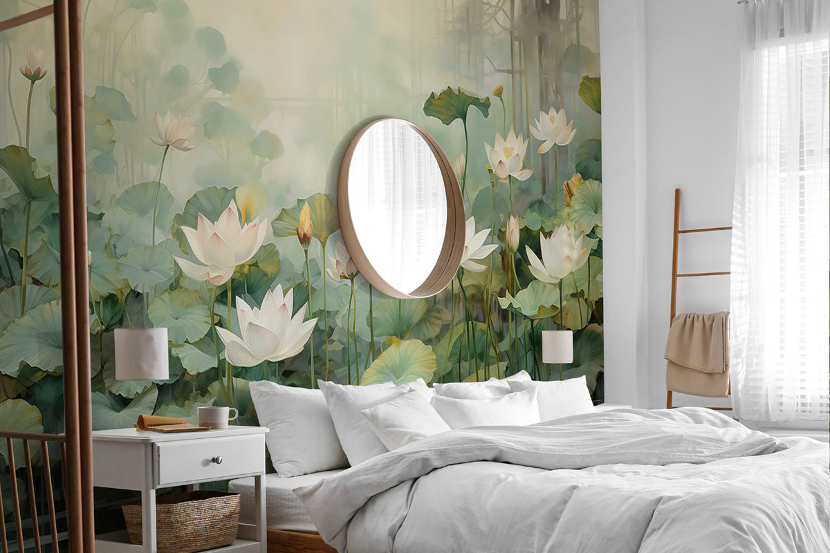 Papier peint Bassin de lotus en vert tendre