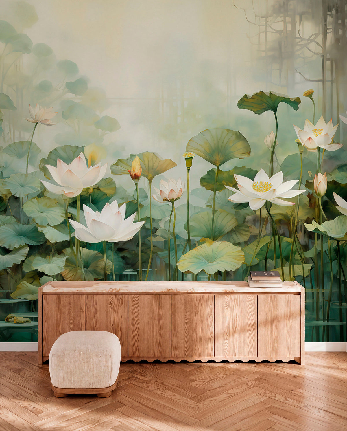 Papier peint Bassin de lotus en vert tendre