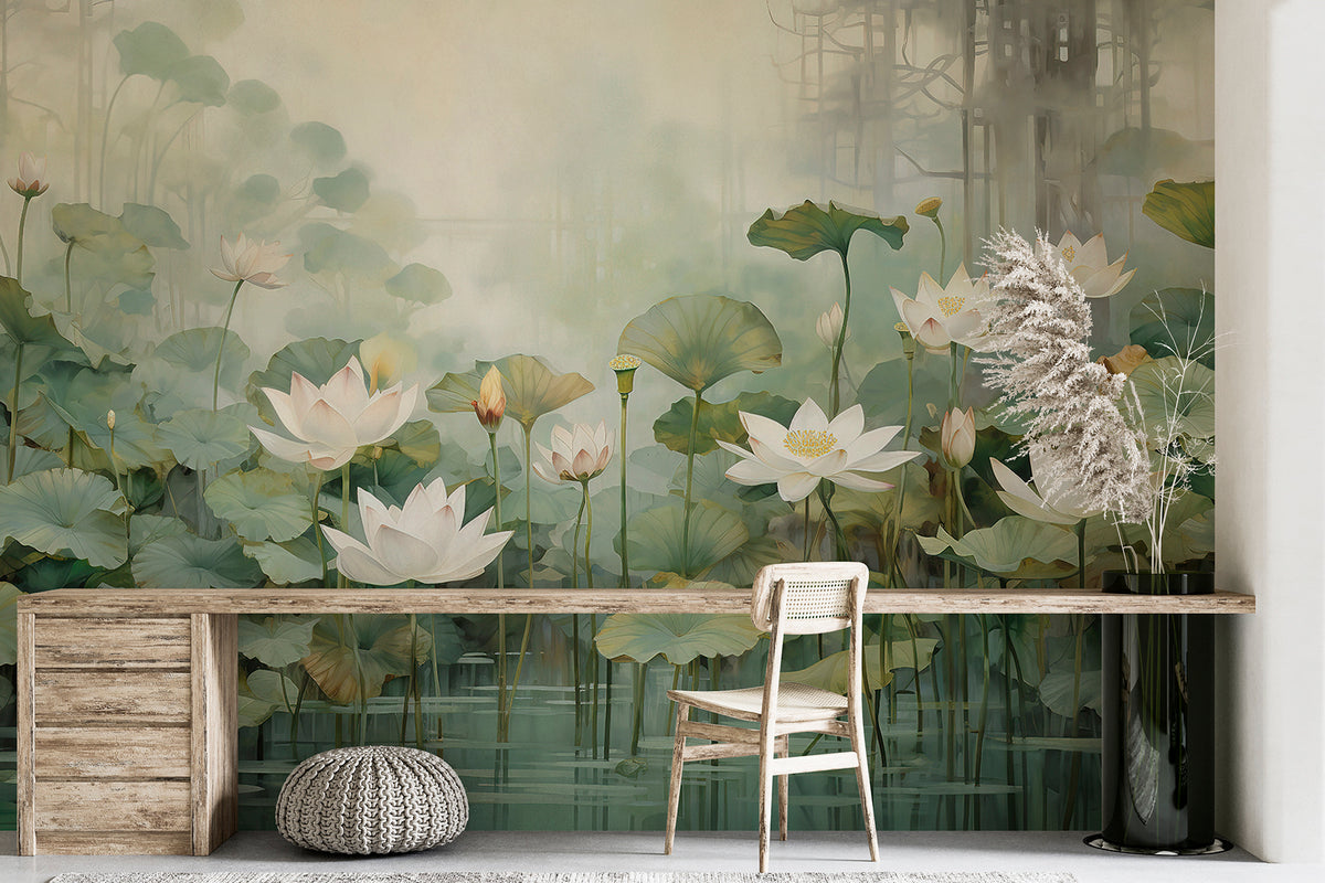Papier peint Bassin de lotus en vert tendre