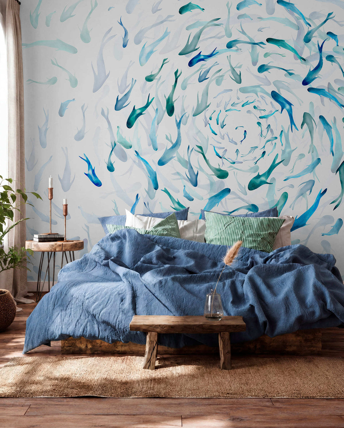 Papier peint Banc de poissons bleu et jade