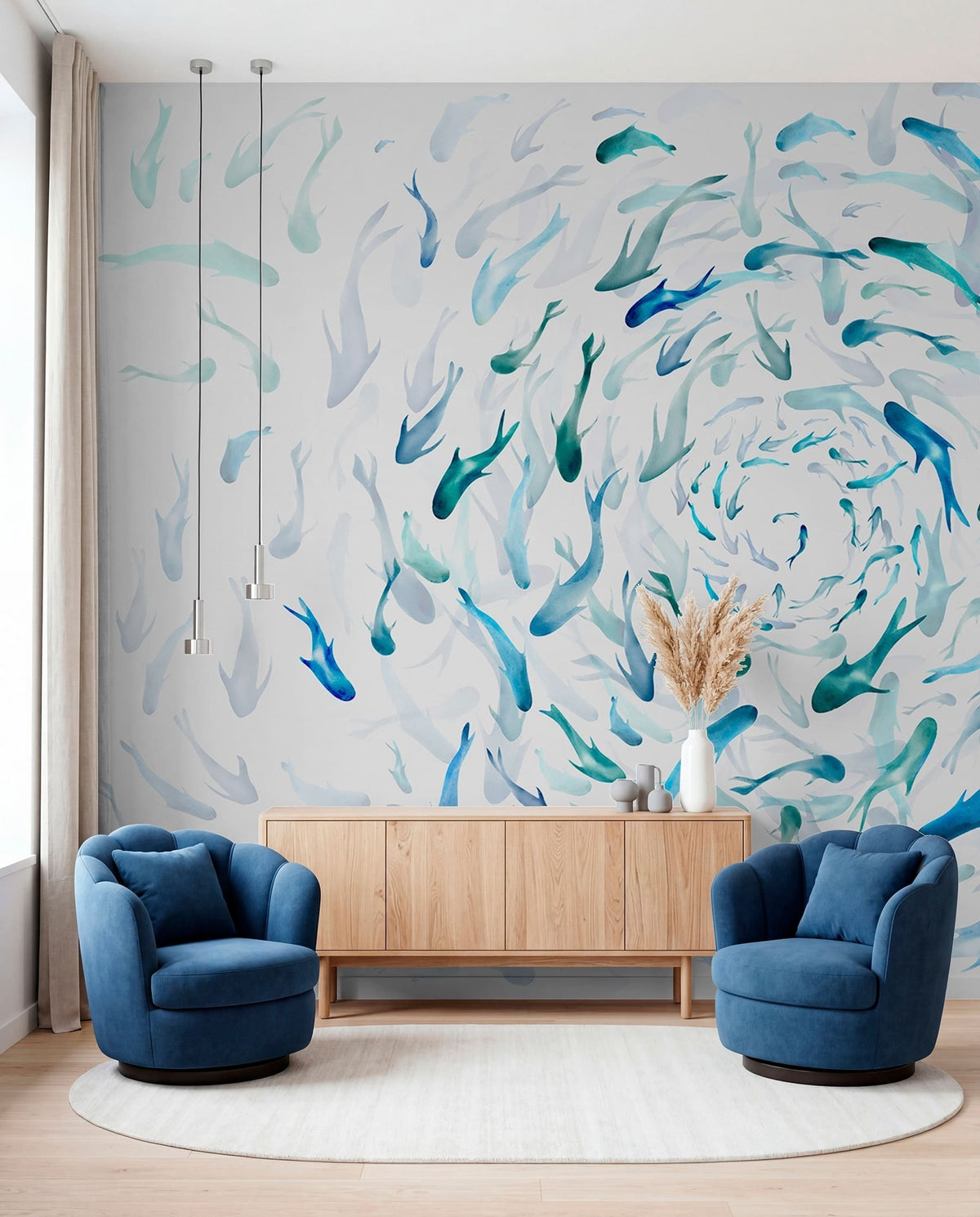 Papier peint Banc de poissons bleu et jade