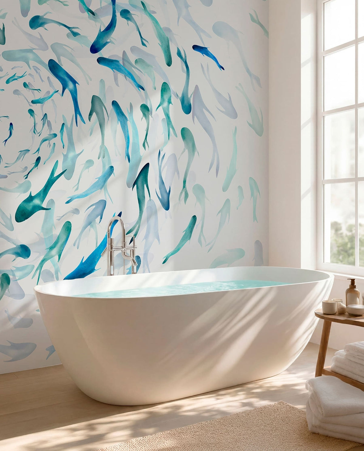 Papier peint Banc de poissons bleu et jade