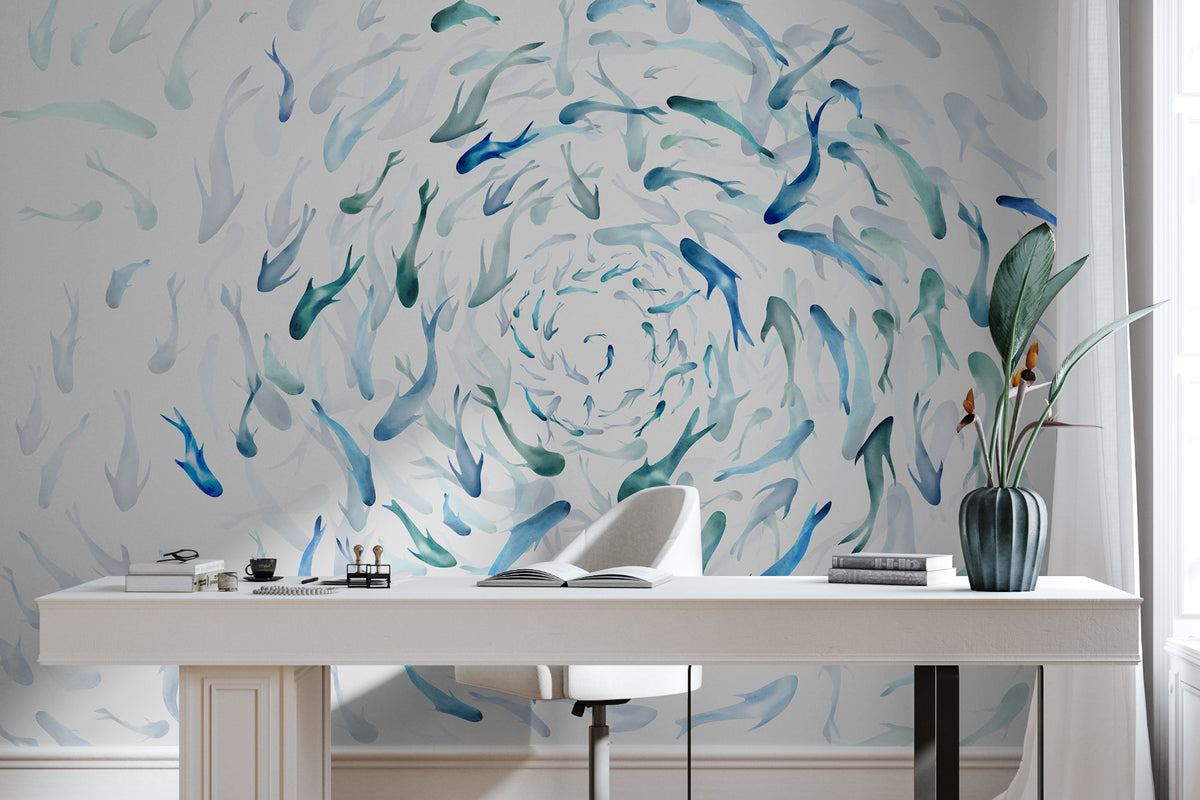 Papier peint Banc de poissons bleu et jade