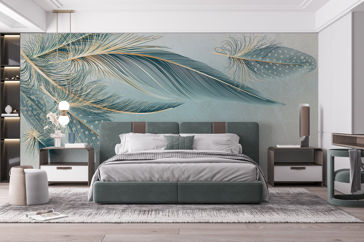 Papier peint Plumes turquoise