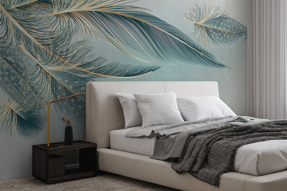 Papier peint Plumes turquoise