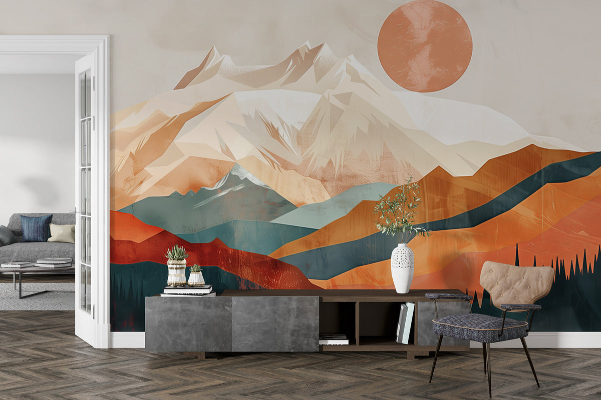 Papier peint Soleil et cimes terracotta