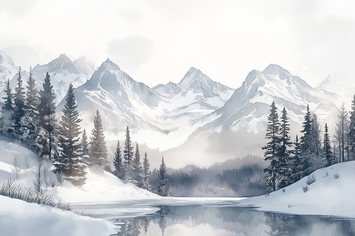 Papier peint Pics enneigés derrière le lac — mise en situation