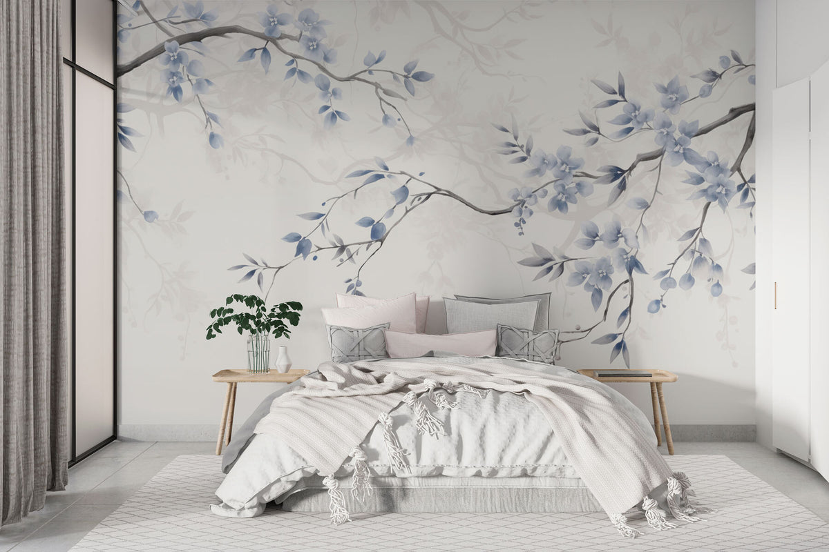 Papier peint Esquisse de fleurs bleues