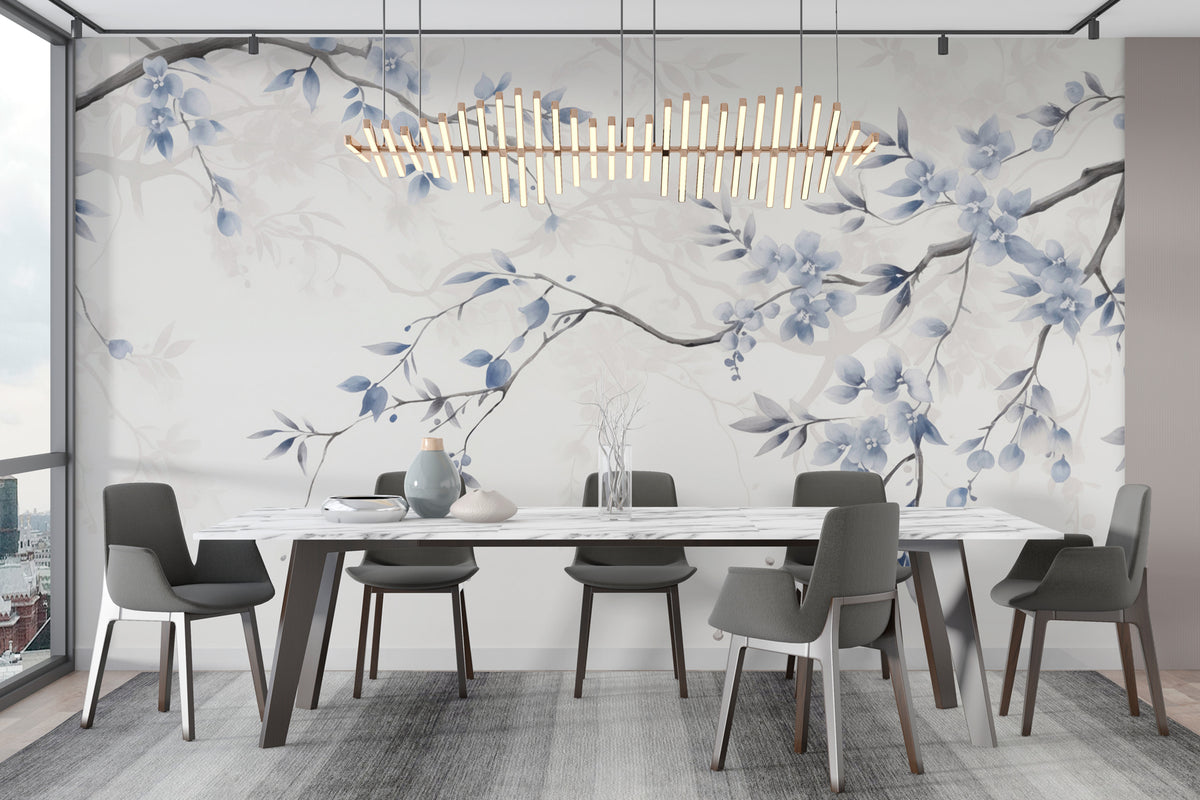 Papier peint Esquisse de fleurs bleues