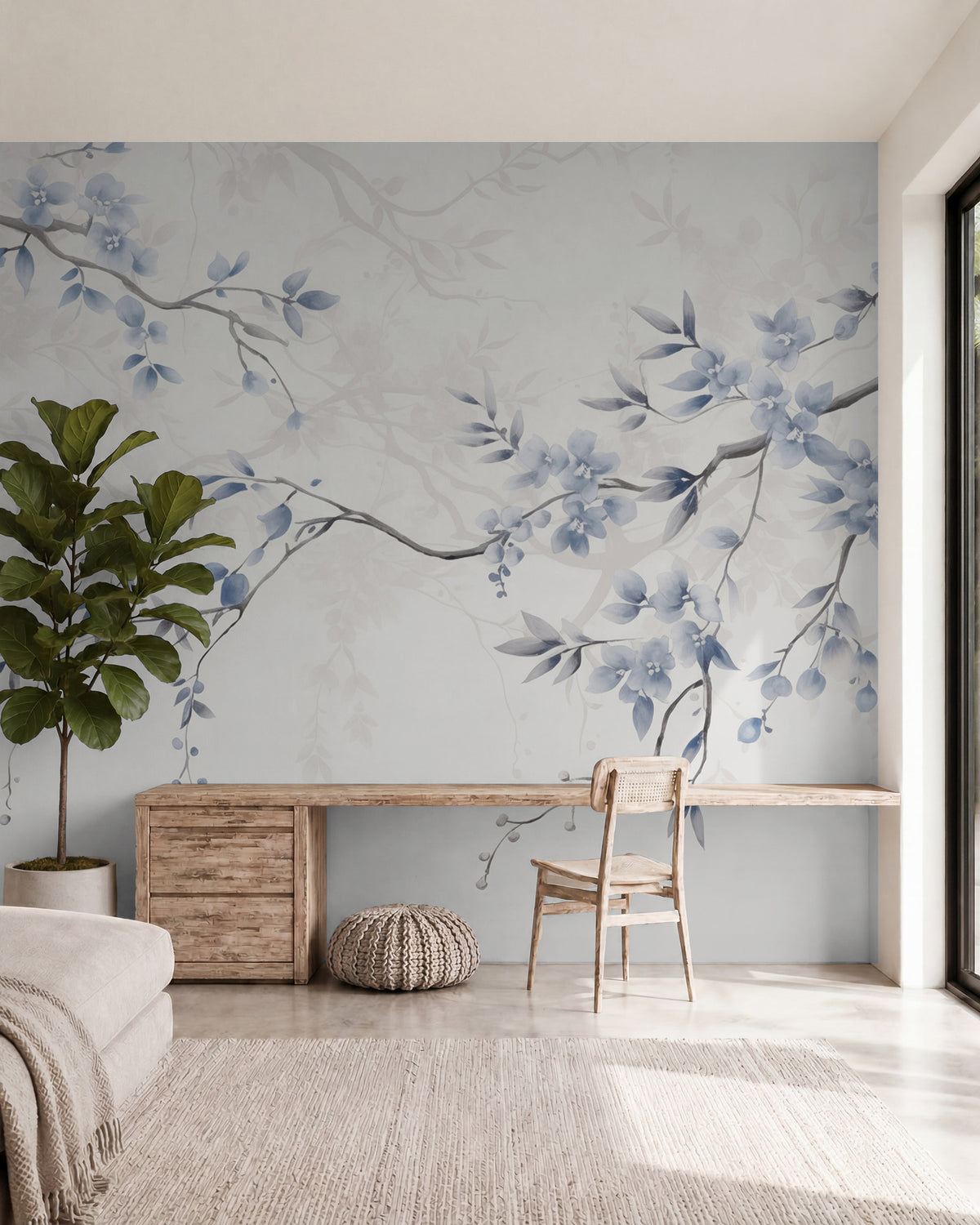 Papier peint Esquisse de fleurs bleues