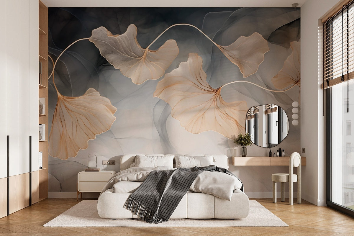 Papier peint Ginkgo anthracite et or