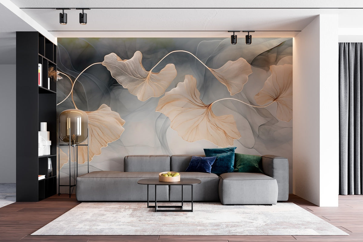 Papier peint Ginkgo anthracite et or